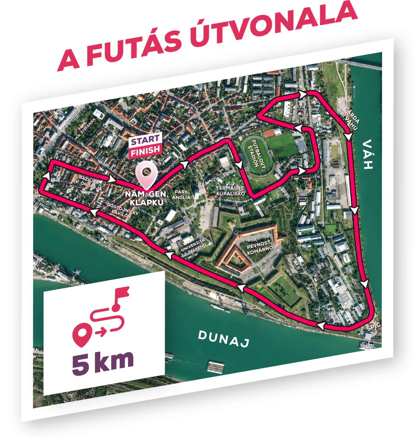 A futás útvonala, 5 km, rajt és cél a Klapka téren